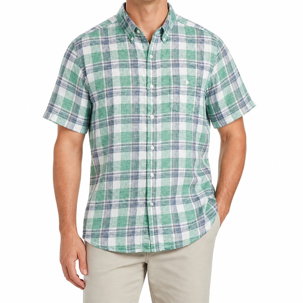 Weatherproof Vintage Shirt Mens Large Blue Green White Plaid Washable Linen